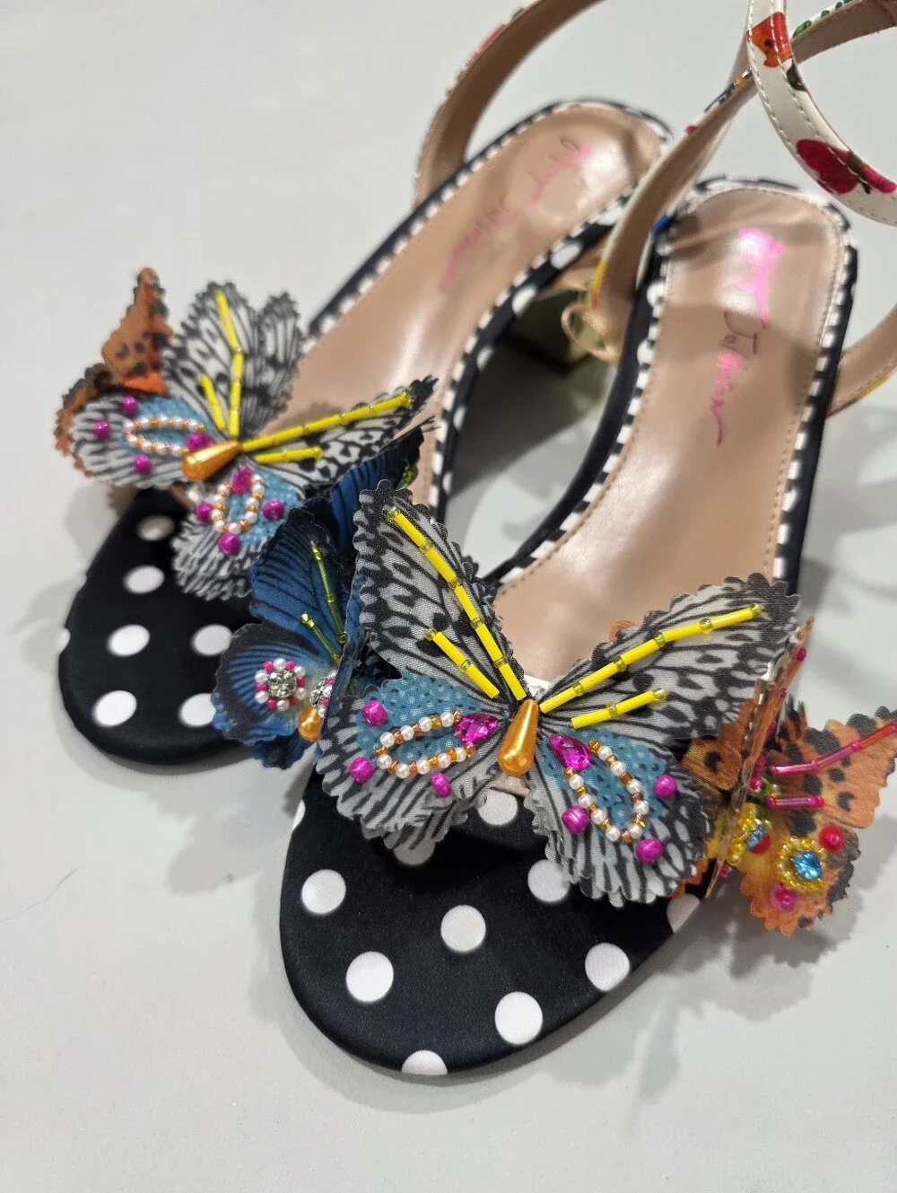 Betsey Johnson Black Polka Dot Sandals with Multicolor Butterfly Embellishments - Picture 9 of 13